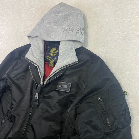 Alpha Industries MA-1 Flight Bomber Jacket Mens XXL Black D-Tec Hooded Spellout - Picture 2 of 14